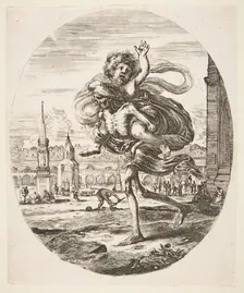 Death carrying a child, from The five deaths (Les cinq Morts), ca. 1648. Creator: Stefano della Bella