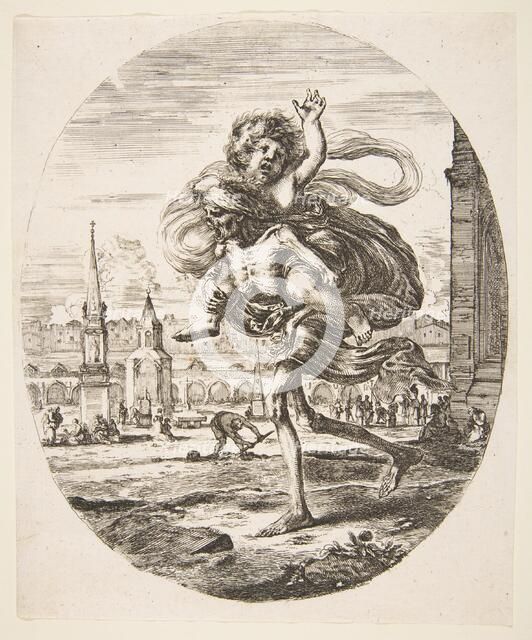 Death carrying a child, from 'The five deaths' (Les cinq Morts), ca. 1648. Creator: Stefano della Bella.