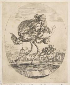 Death carrying an infant, from The five deaths (Les cinq Morts), ca. 1648. Creator: Stefano della Bella