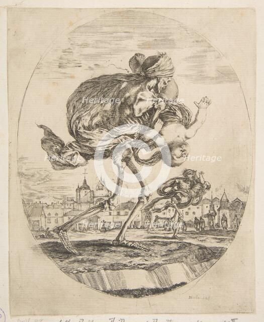 Death carrying an infant, from 'The five deaths' (Les cinq Morts), ca. 1648. Creator: Stefano della Bella.