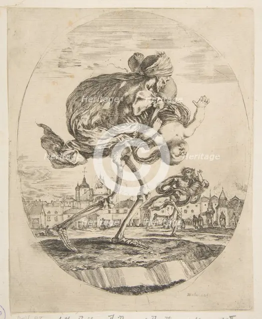 Death carrying an infant, from 'The five deaths' (Les cinq Morts), ca. 1648. Creator: Stefano della Bella.