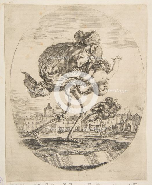 Death carrying an infant, from 'The five deaths' (Les cinq Morts), ca. 1648. Creator: Stefano della Bella.