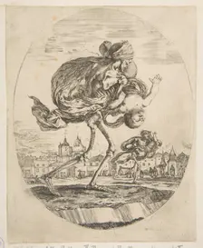 Death carrying an infant, from The five deaths (Les cinq Morts), ca. 1648. Creator: Stefano della Bella