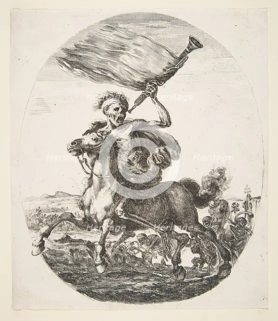 Death on horseback holding a trumpet, from 'The five deaths' (Les cinq Morts), ca. 1648. Creator: Stefano della Bella.