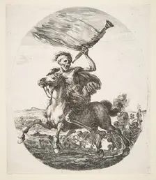 Death on horseback holding a trumpet, from The five deaths (Les cinq Morts), ca. 1648. Creator: Stefano della Bella