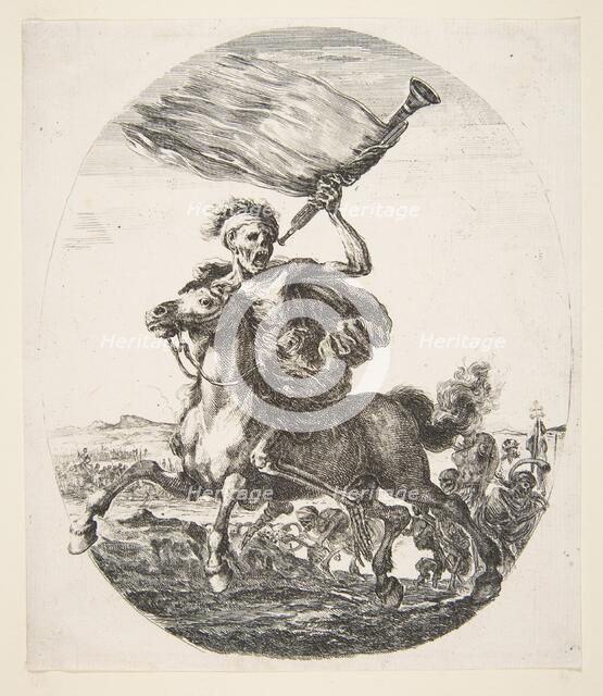Death on horseback holding a trumpet, from 'The five deaths' (Les cinq Morts), ca. 1648. Creator: Stefano della Bella.
