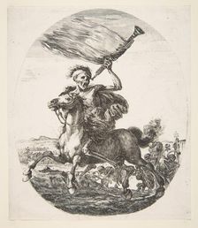 Death on horseback holding a trumpet, from The five deaths (Les cinq Morts), ca. 1648. Creator: Stefano della Bella