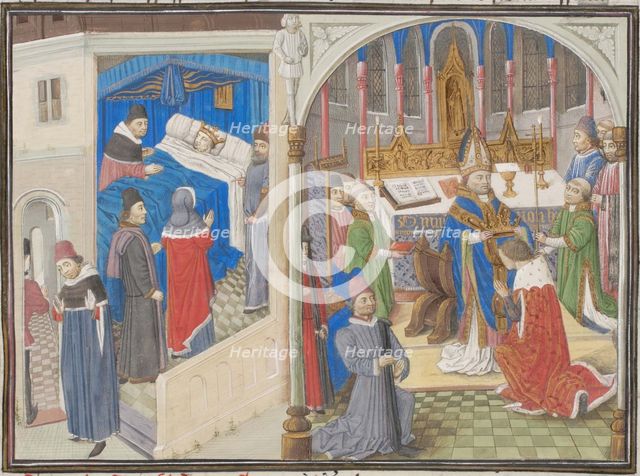 Death of Amalric I of Jerusalem. Coronation of Baldwin IV. Miniature from the Historia by William of Tyre, 1460s. Artist: Anonymous  