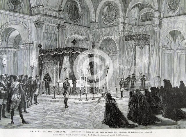 Death of Alphonse XII, exhibition of the King's body in the Hall of Columns of the Royal Palace i…