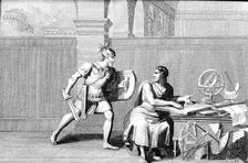 Death of Archimedes, killed by a Roman soldier during the assault on Syracuse, engraving of 1830,…