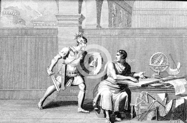 Death of Archimedes, killed by a Roman soldier during the assault on Syracuse, engraving of 1830,…