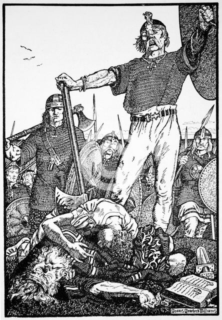 Death of Brian Boru at the Battle of Clontarf, Ireland, 1014 (1913).  Creator: Morris Meredith Williams.