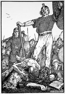 Death of Brian Boru at the Battle of Clontarf, Ireland, 1014 (1913). Creator: Morris Meredith Williams