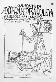 Death of Francisco Pizarro at the hands of Diego de Almagro, illustration from the book Nueva Cr…