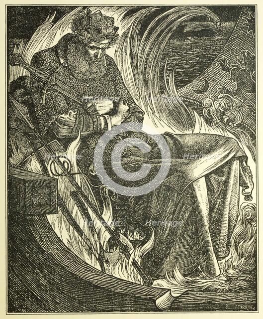 Death of King Warwulf, pub. 1915 (engraving), 1915. Creator: Frederick Sandys (1829 - 1904).