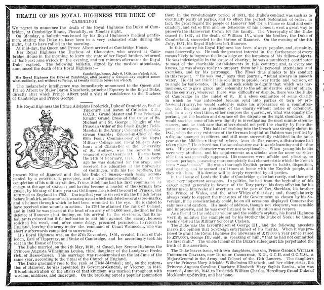 Death of His Royal Highness the Duke of Cambridge, 1850. Creator: Unknown.