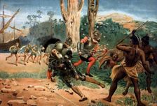 Death of navigator Ferdinand Magellan in a battle with the natives of the island of Mactan (Phili…