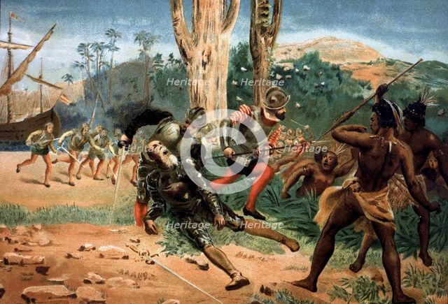 Death of navigator Ferdinand Magellan in a battle with the natives of the island of Mactan (Phili…