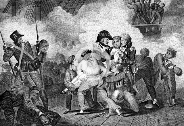 Death of Nelson on board 'HMS Victory' at the Battle of Trafalgar, 1805 (1827). Artist: Unknown