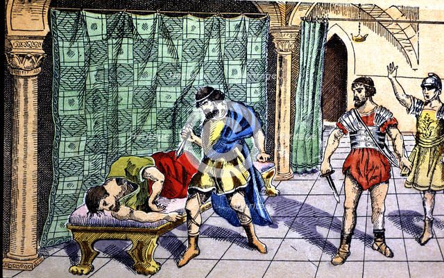 Death of the Visigothic king Ataulf by the same Goths in Barcelona in 415, drawing 1900.