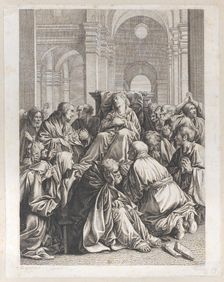 Death of the Virgin, lying on a chair at center, surrounded by Apostles, inside a tem..., 1790-1822. Creator: Joseph Fischer