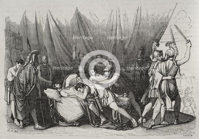 Death of Viriathus, leader of the Lusitanian people who fought against Roman..., 139BC (1852). Creator: José Vallejo.
