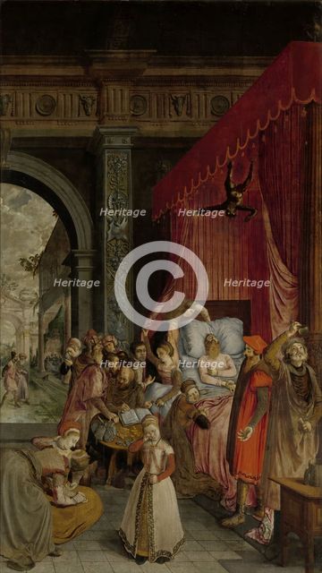 Deathbed of the Rich Man, with a Devil Descending to Retrieve the Deceased's Soul, c.1550-c.1574. Creator: Anon.