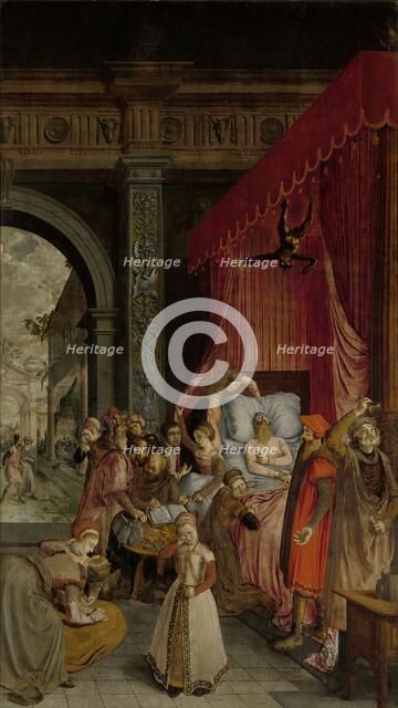 Deathbed of the Rich Man, with a Devil Descending to Retrieve the Deceased's Soul, c.1550-c.1574. Creator: Anon.