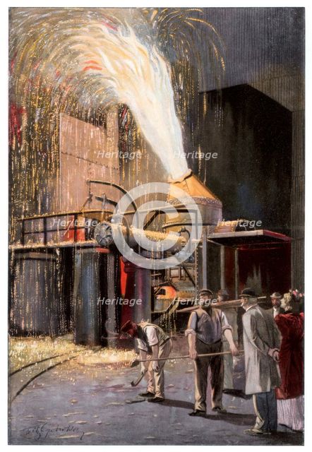 Decarburisation of pig iron in a Bessemer converter, 1900.Artist: Gehrke