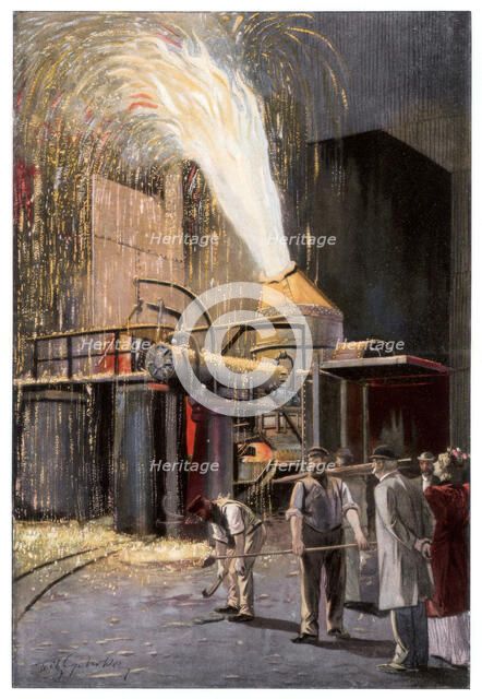 Decarburisation of pig iron in a Bessemer converter, 1900.Artist: Gehrke