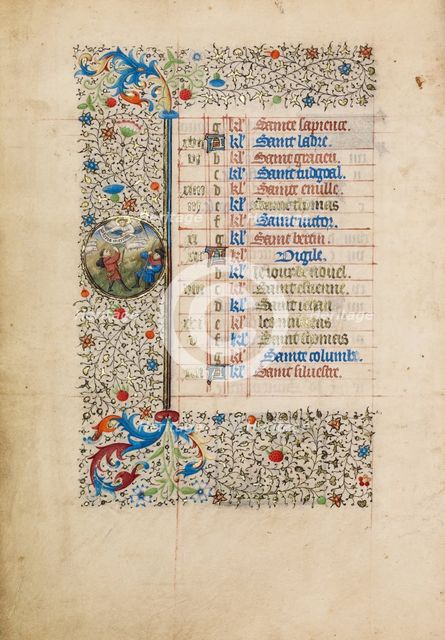 December Calendar Page; The Annunciation to the Shepherds; Book of Hours, about 1440-1450. Creator: Workshop of the Bedford Master.