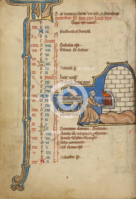 December Calendar Page; Baking Bread; Psalter, mid-1200s. Creator: Unknown.