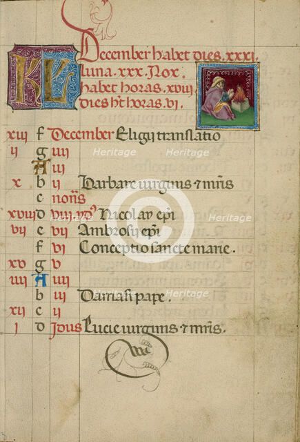 December Calendar Page; Keeping Warm; Book of Hours, about 1460. Creator: Unknown.