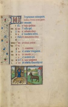 December Calendar Page: Slaughtering a Pig: Capricorn; Arenberg Hours, early 1460s. Creator: Workshop of Willem Vrelant