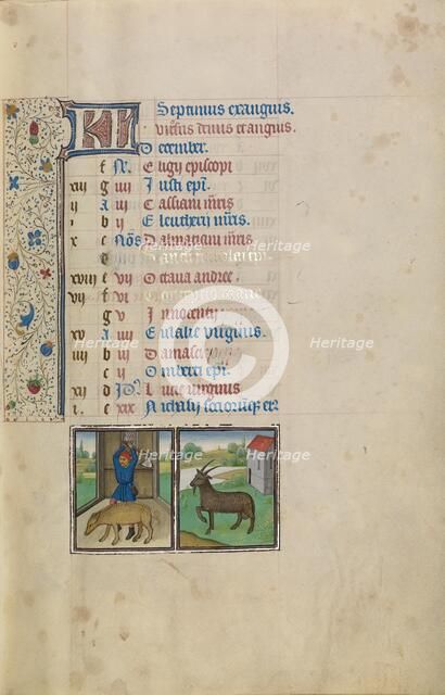 December Calendar Page: Slaughtering a Pig: Capricorn; Arenberg Hours, early 1460s. Creator: Workshop of Willem Vrelant.