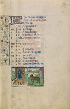 December Calendar Page: Slaughtering a Pig: Capricorn; Arenberg Hours, early 1460s. Creator: Workshop of Willem Vrelant
