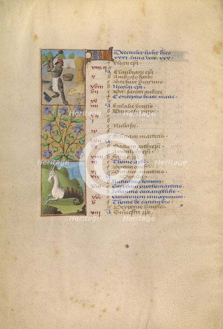 December Calendar Page; Slaughtering a Pig; Capricorn; Katherine Hours, about 1480-1485. Creator: Unknown.