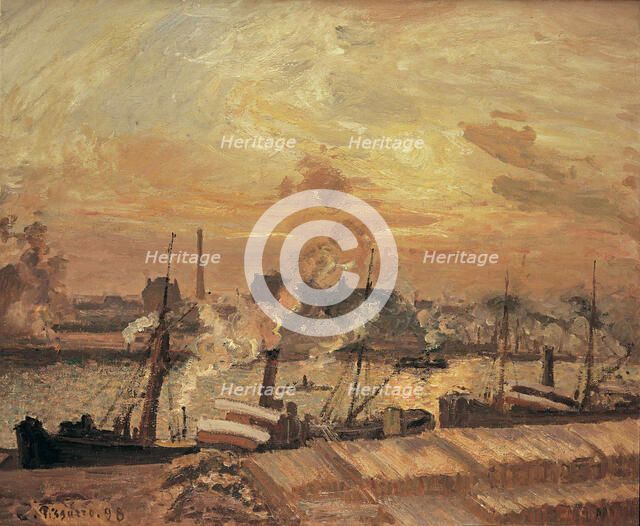Déchargement de bois, quai de la Bourse, coucher de soleil, 1898. Creator: Pissarro, Camille (1830-1903).