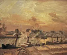 Déchargement de bois, quai de la Bourse, coucher de soleil, 1898. Creator: Pissarro, Camille (1830-1903)