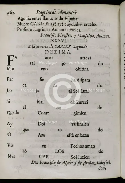 Décima to King Charles II of Spain's death by Francisco de Asprer y de Arenes, 1701.  Creators: Josep Rocaberti, Francisco de Asprer y de Arenes.