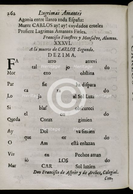Décima to King Charles II of Spain's death by Francisco de Asprer y de Arenes, 1701.  Creators: Josep Rocaberti, Francisco de Asprer y de Arenes.