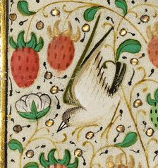 Decorated Border with a Bird and Strawberries; Boethius, Consolation de philosophie, about 1460-1470 Creator: Unknown