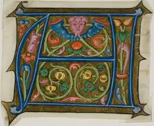 Decorated Initial "A" with Grotesque and Flora from a Choir Book, 15th century. Creator: Unknown