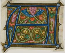 Decorated Initial "A" with Grotesque and Flora from a Choir Book, 15th century. Creator: Unknown