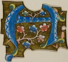 Decorated Initial "A" in Blue with Leaves from a Manuscript, 14th century or modern, c. 1920. Creator: Unknown