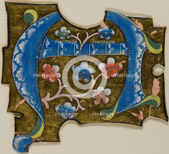 Decorated Initial "A" in Blue with Leaves from a Manuscript, 14th century or modern, c. 1920. Creator: Unknown.