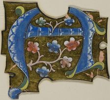 Decorated Initial "A" in Blue with Leaves from a Manuscript, 14th century or modern, c. 1920. Creator: Unknown