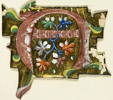 Decorated Initial "A" in Pink with Six Oak Leaves from a Manuscript, 14th century or modern, c. 1920 Creator: Unknown