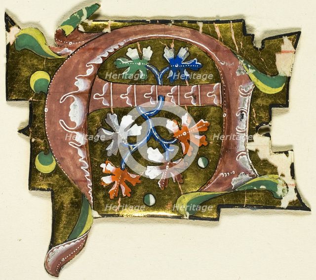 Decorated Initial "A" in Pink with Six Oak Leaves from a Manuscript, 14th century or modern, c. 1920 Creator: Unknown.