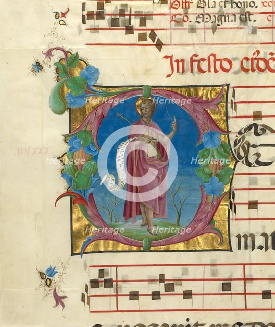 Decorated initial D: Saint John the Baptist, about 1470-1480.  Creator: Cosmè Tura.